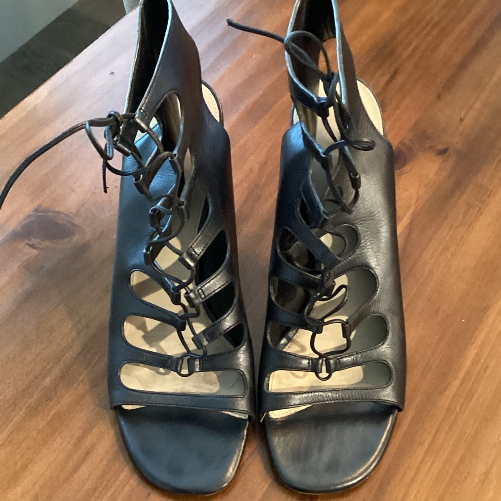 Via Spiga Black Lace-Up Cutout Heeled Sandals